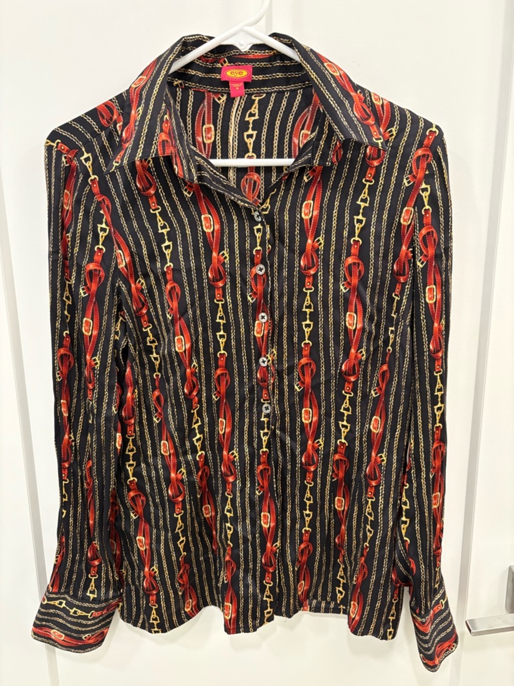 Vintage Y2K Silk Black Gold Red Equestrian Old Money Button Down Size 8